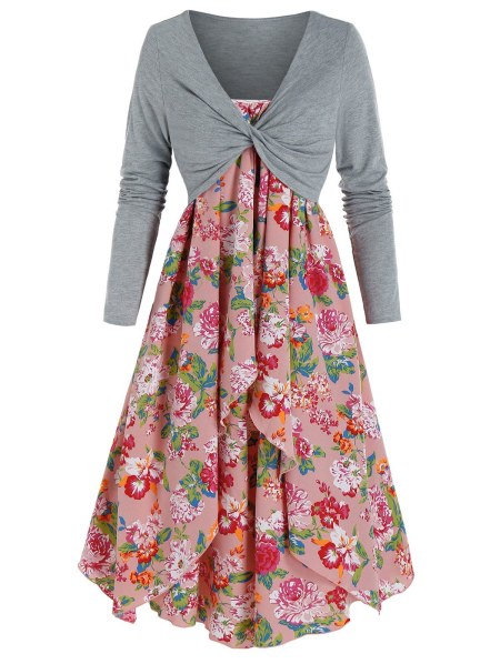 Flower Print Dress And Twist Front Cropped T-shirt