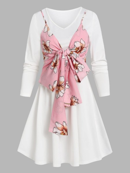 Flower Print Knot Front Twofer Dress