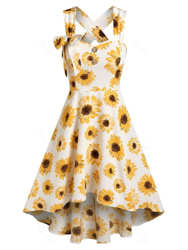 Flower Print Sleeveless Bowknot High Low Dress