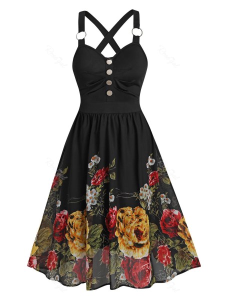 Flower Print Sleeveless O-ring Mock Button Dress