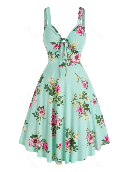 Front Tie Floral Print Knee Length Dress