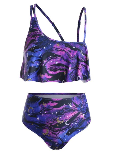 Galaxy Print Overlay Wire Free Tankini Swimsuit