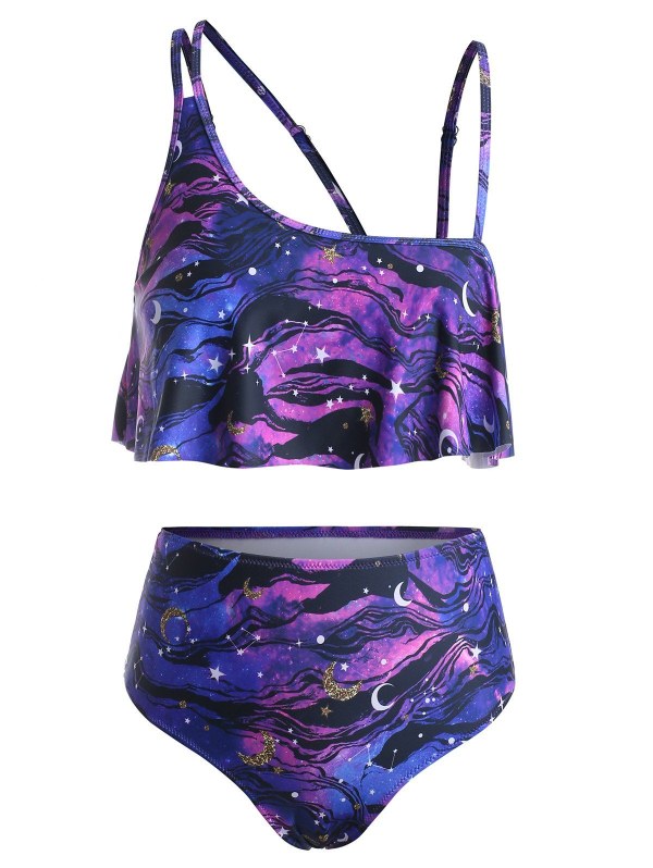 Galaxy Print Overlay Wire Free Tankini Swimsuit