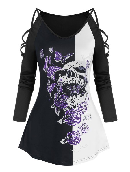 Gothic Skull Butterfly Print Straps Sleeve T Shirt