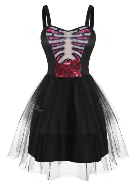 Halloween Flower Skeleton Lace Insert Tutu Dress