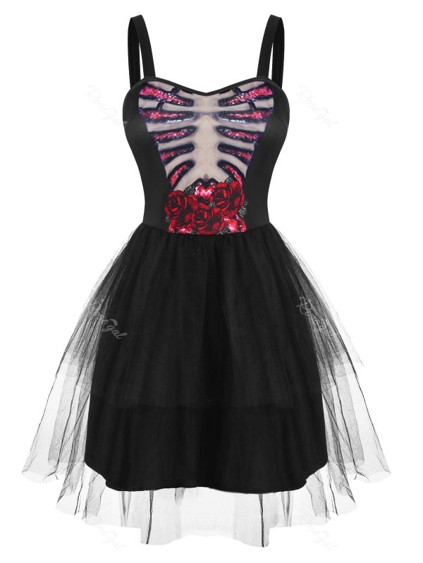 Halloween Flower Skeleton Lace Insert Tutu Dress