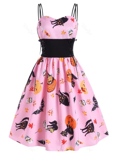 Halloween Pumpkin Cat Skull Print Lace Up Dress