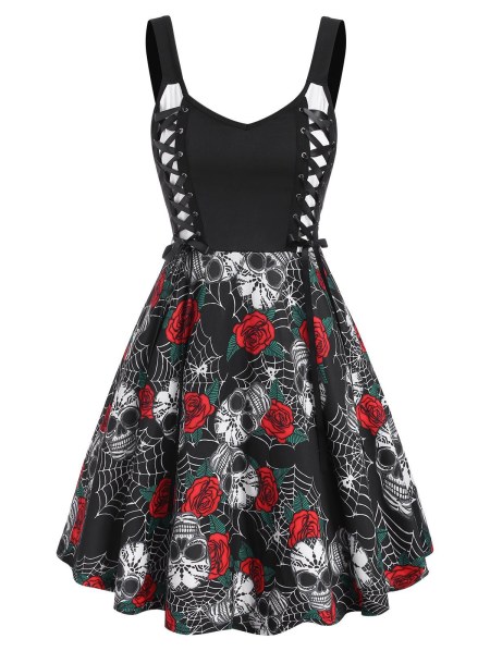 Halloween Skull Flower Spider Web Lace Up Dress