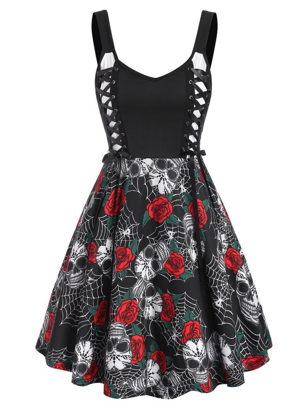 Halloween Skull Flower Spider Web Lace Up Dress