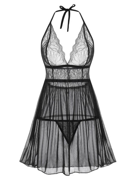 Halter Lace And Mesh Babydoll Set