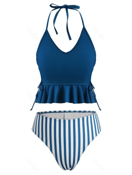 Halter Lace-up Ruffle Striped High Leg Tankini Swimwear