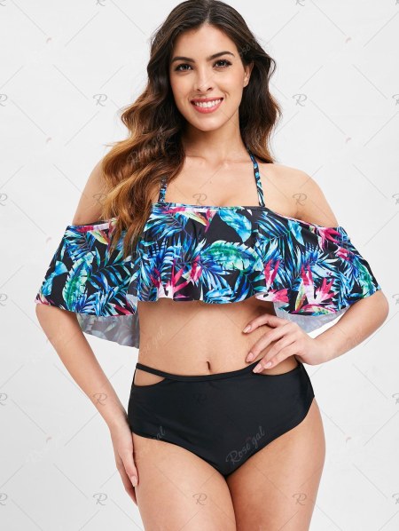 Halter Palm Print High Waist Bikini Set