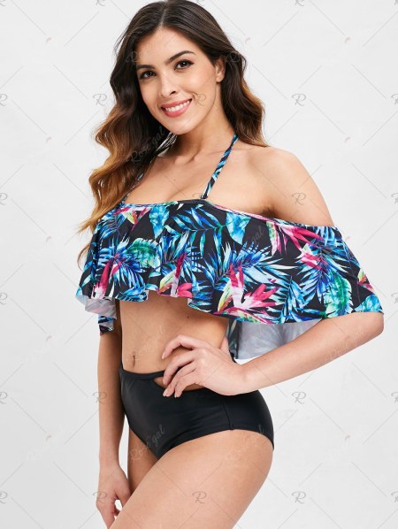 Halter Palm Print High Waist Bikini Set