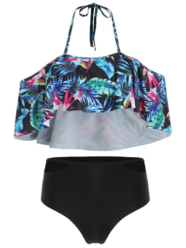 Halter Palm Print High Waist Bikini Set
