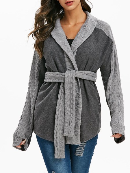 Heathered Belted Cable Knit Trim Coat