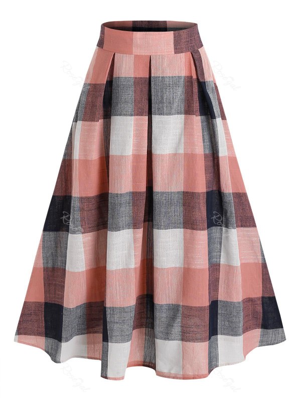 High Waisted Plaid Print Pleated Midi Skirt