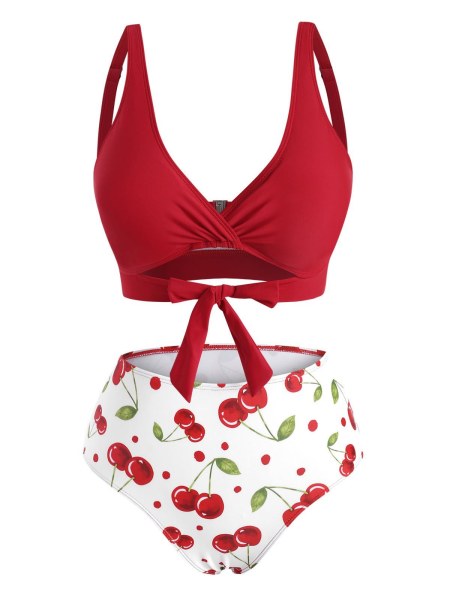 Knot Cherry Print Surplice Bikini Swimwear