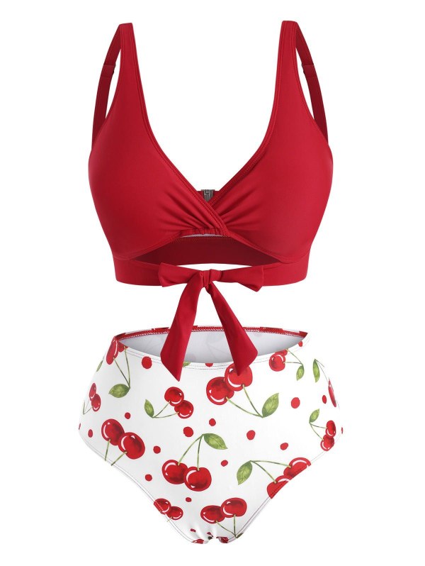 Knot Cherry Print Surplice Bikini Swimwear