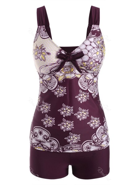 Knot Flower Print Boyleg Tankini Swimwear