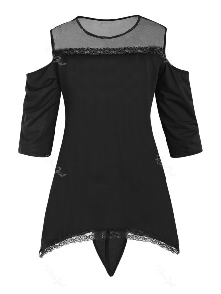 Lace And Mesh Cold Shoulder Asymmetrical Hem Pajama Top Set