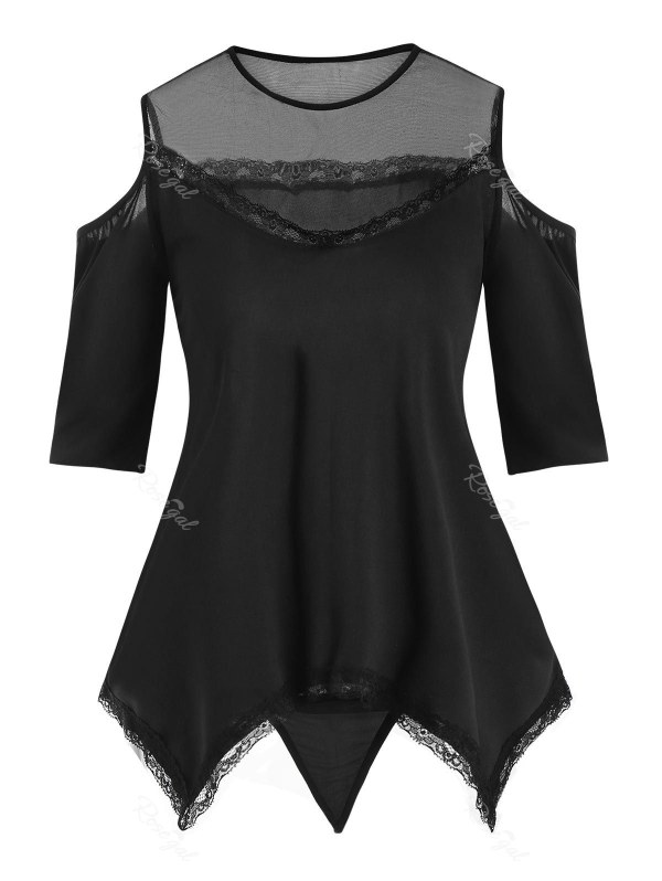 Lace And Mesh Cold Shoulder Asymmetrical Hem Pajama Top Set