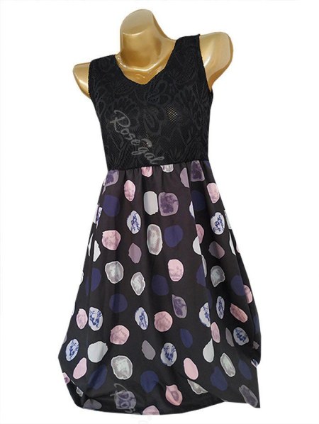 Lace Bodice Sleeveless Printed A Line Dress