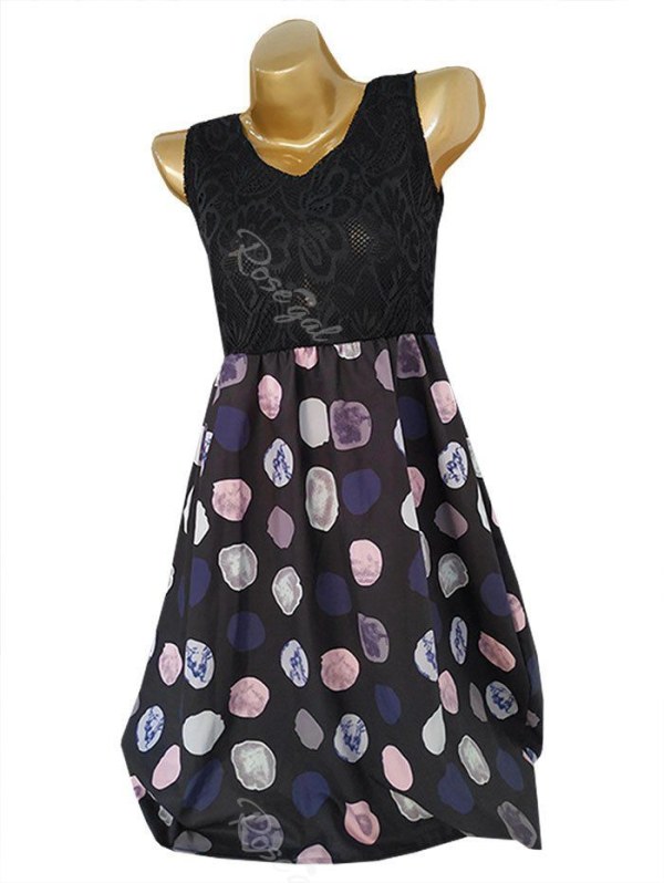 Lace Bodice Sleeveless Printed A Line Dress