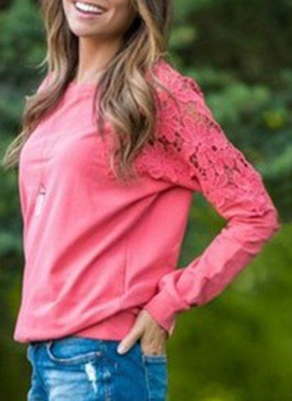 Lace Insert Long Sleeve Cropped Sweatshirt