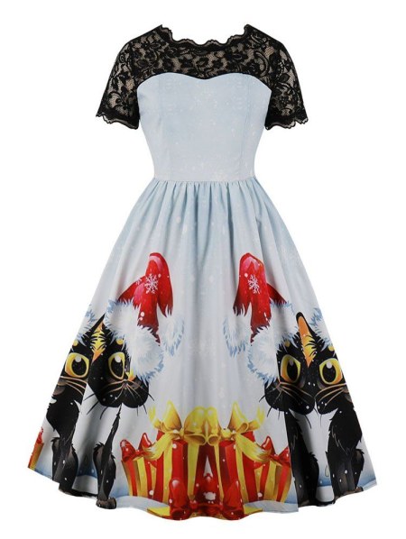 Lace Panel Cats Gifts Christmas Mid Calf Dress