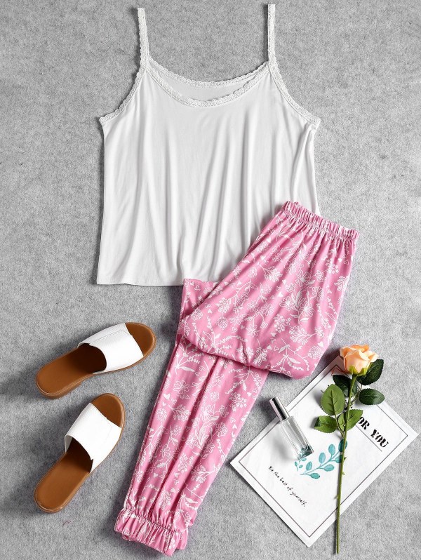 Lace Trim Cami Floral Pajama Set