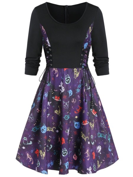 Lace Up Animal Print A Line Dress