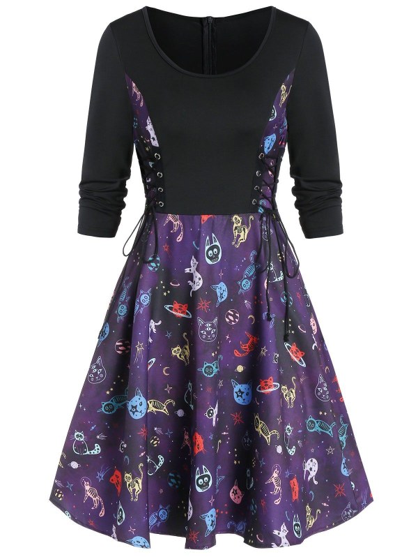 Lace Up Animal Print A Line Dress