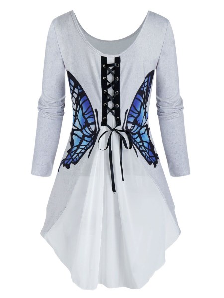 Lace-up Back Chiffon Insert Butterfly Print T-shirt