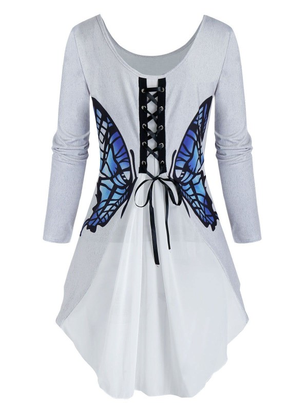 Lace-up Back Chiffon Insert Butterfly Print T-shirt