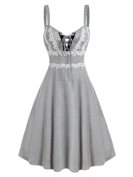 Lace Up Lace Panel Cami A Line Dress