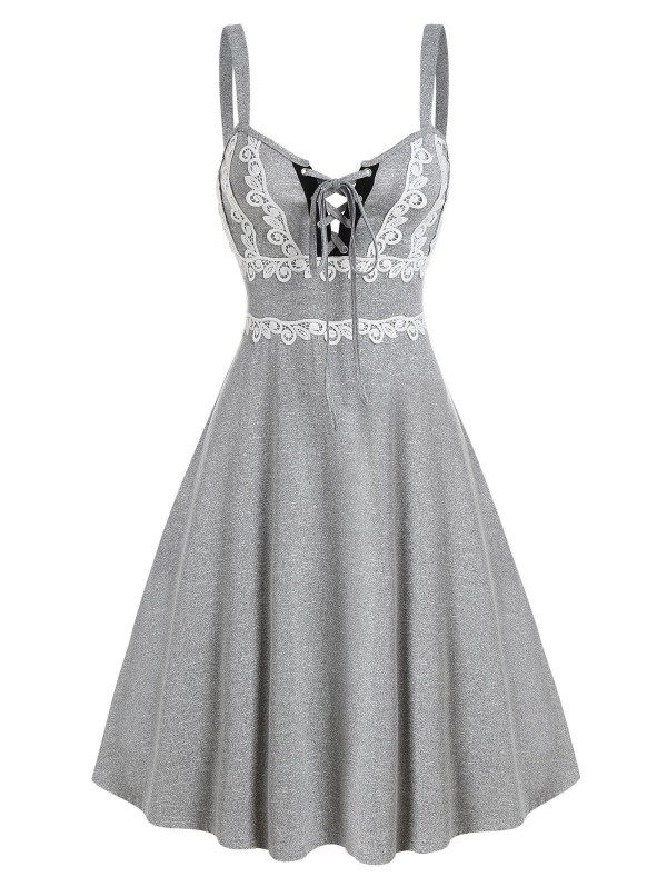 Lace Up Lace Panel Cami A Line Dress