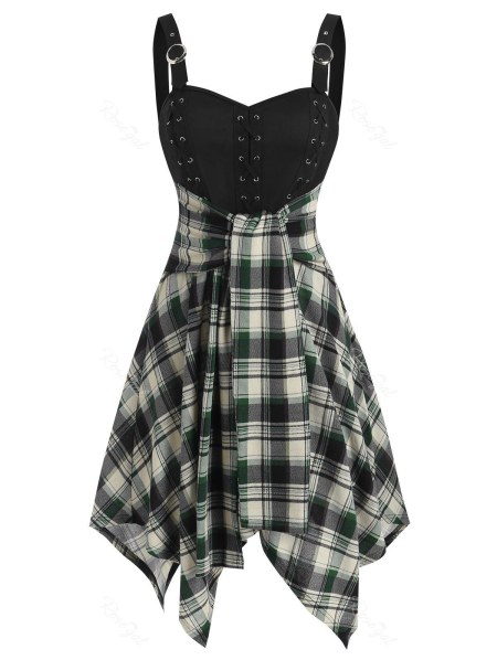 Lace Up Plaid Handkerchief Flare Dress