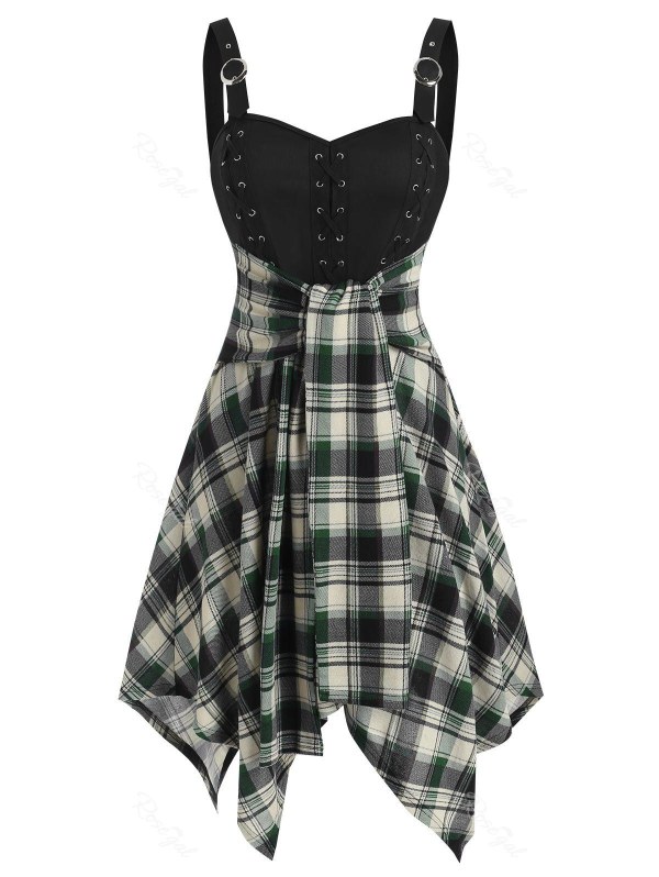 Lace Up Plaid Handkerchief Flare Dress
