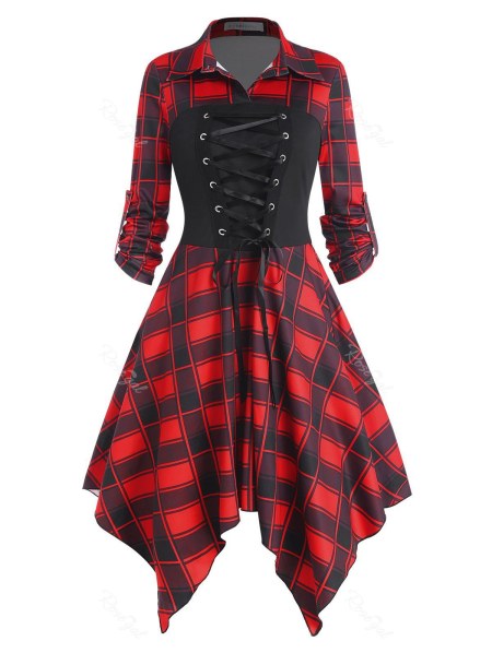 Lace Up Plaid Roll Up Sleeve Handkerchief Dress
