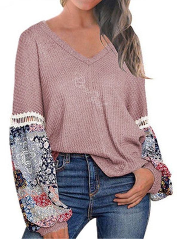 Lantern Sleeve Ethnic Print Casual Sweater