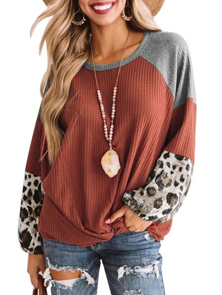 Leopard Panel Twisted Hem Raglan Sleeve Knitwear