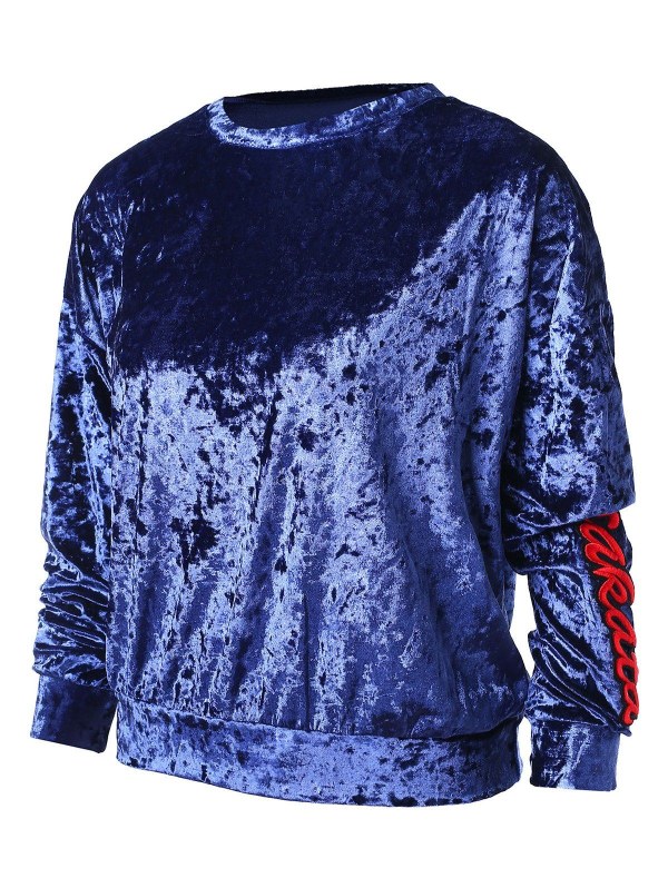 Letter Embroidery Drop Shoulder Velvet Sweatshirt