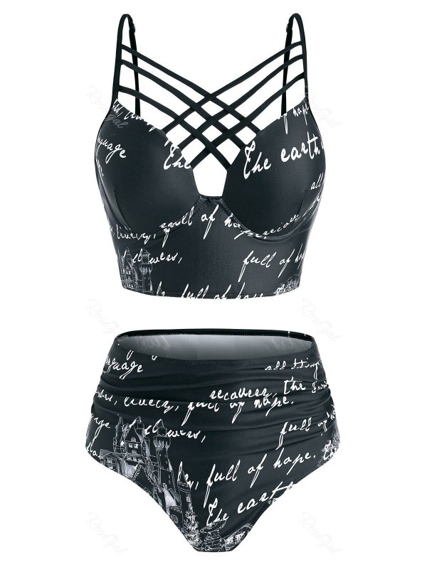 Letter Graphic Underwire Lattice Tummy Control Tankini Swimwear