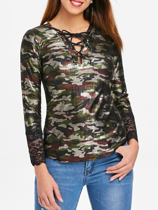 Long Sleeve Lace Up Camouflage Top