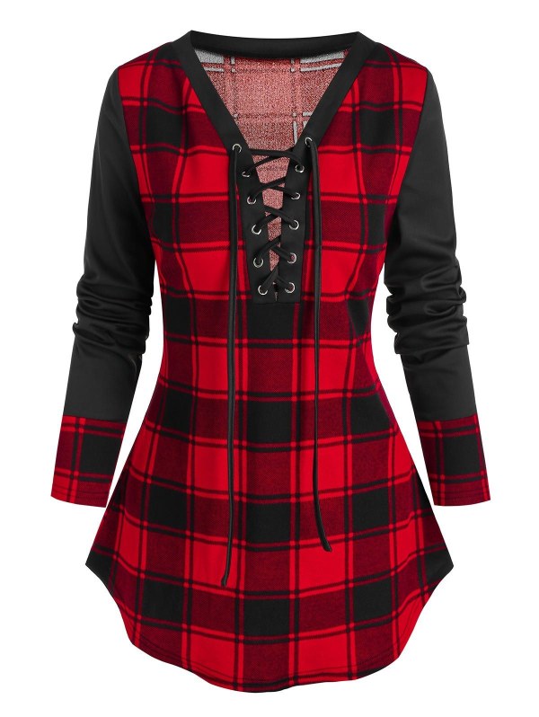 Long Sleeve Plaid Print Lace-up T-shirt