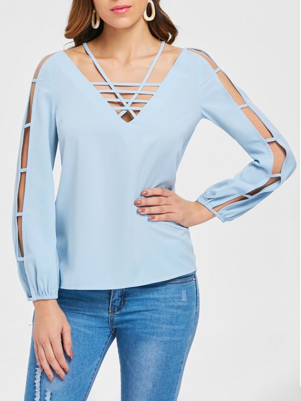Long Sleeve Strappy Cut Out Blouse