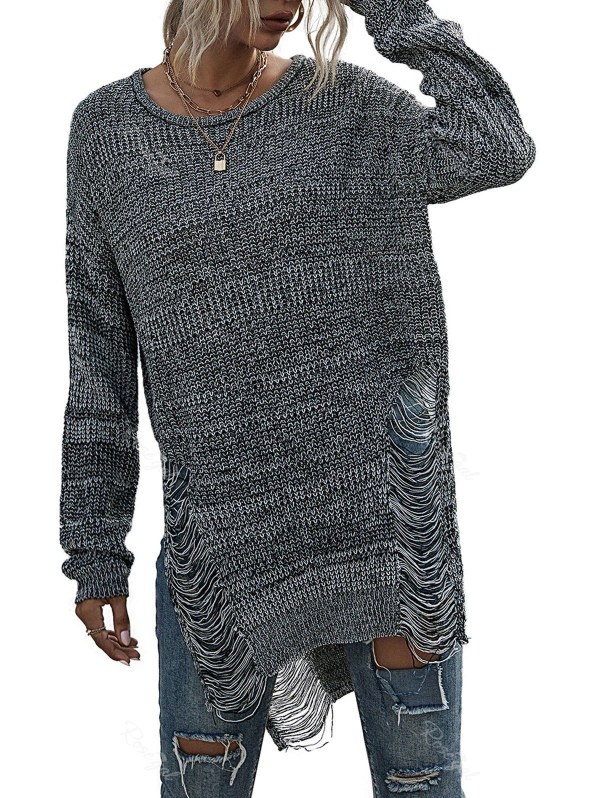 Marled Ripped Destroyed Slit Sweater