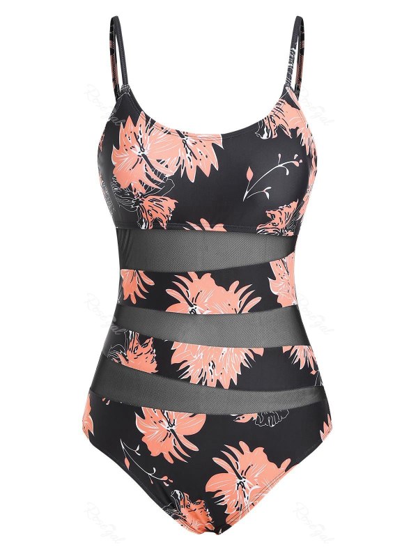 Mesh Insert Leaf Print Cami One-piece Swimsuit