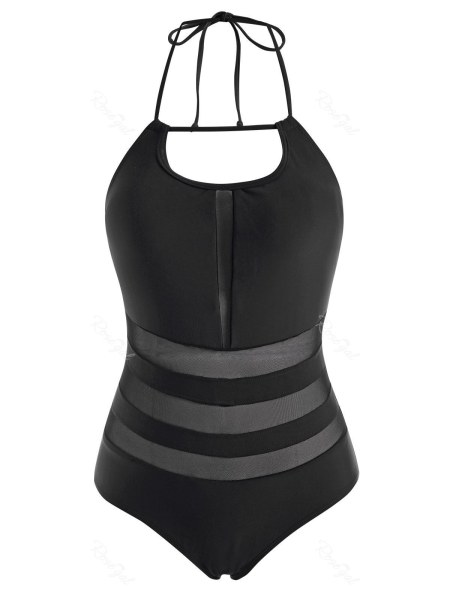 Mesh Panel Halter Tie Back One-piece Swimsuit