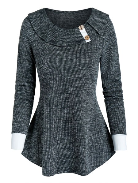 Mock Button Curved Hem Heathered Ribbed T-shirt